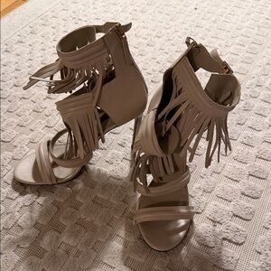 Hugo Boss Tan Fringe Ankle Strap Heels